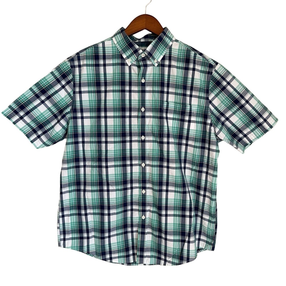 Croft & Borrow Green Plaid Shirt Easy Care Button Up Short Sleeve Cotton Men's L